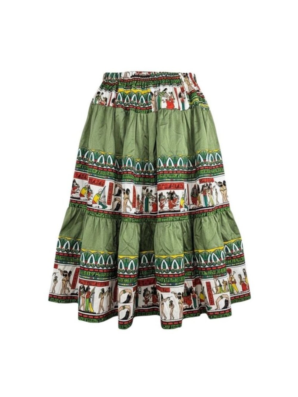 Vintage Egyptian Multicolor Hieroglyphic Tiered Midi Skirt Elastic Waist 2XL